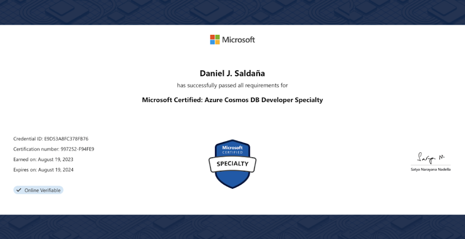 Mi primera certificación como especialista en Microsoft Certified: Azure Cosmos DB Developer