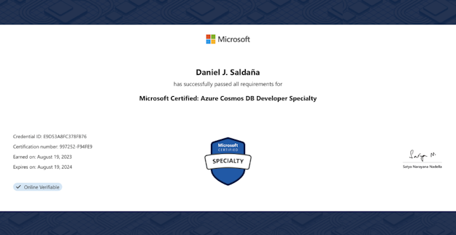 Mi primera certificación como especialista en Microsoft Certified: Azure Cosmos DB Developer