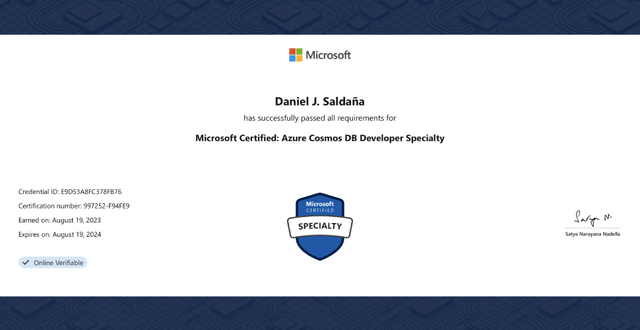 Mi primera certificación como especialista en Microsoft Certified: Azure Cosmos DB Developer